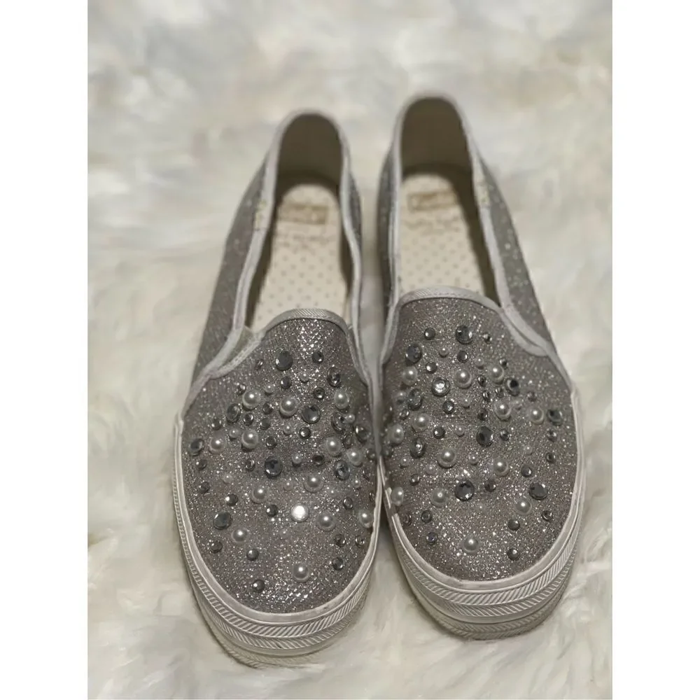 Kate spade Keds sneakers wedding Bridal silver beads pearl sparkly slip on 8